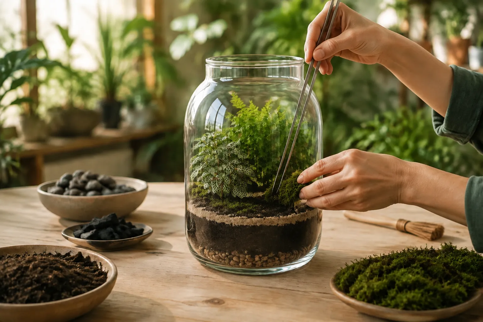 Manos plantando helechos, fitonias y musgo dentro del terrario